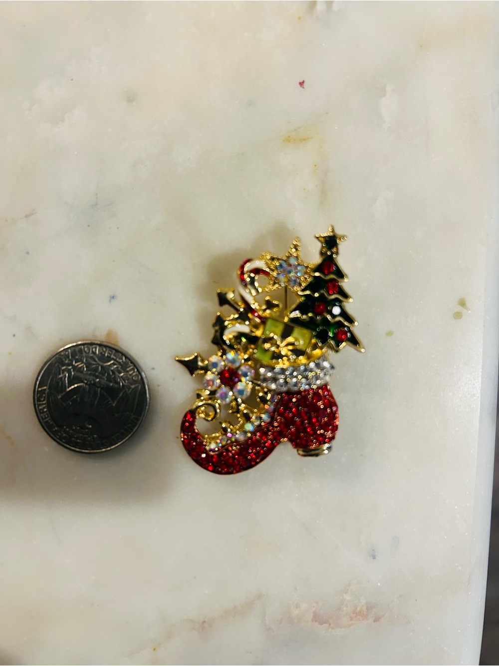 Private Label Red and Green Holiday Stocking Brooch with Gold Accent